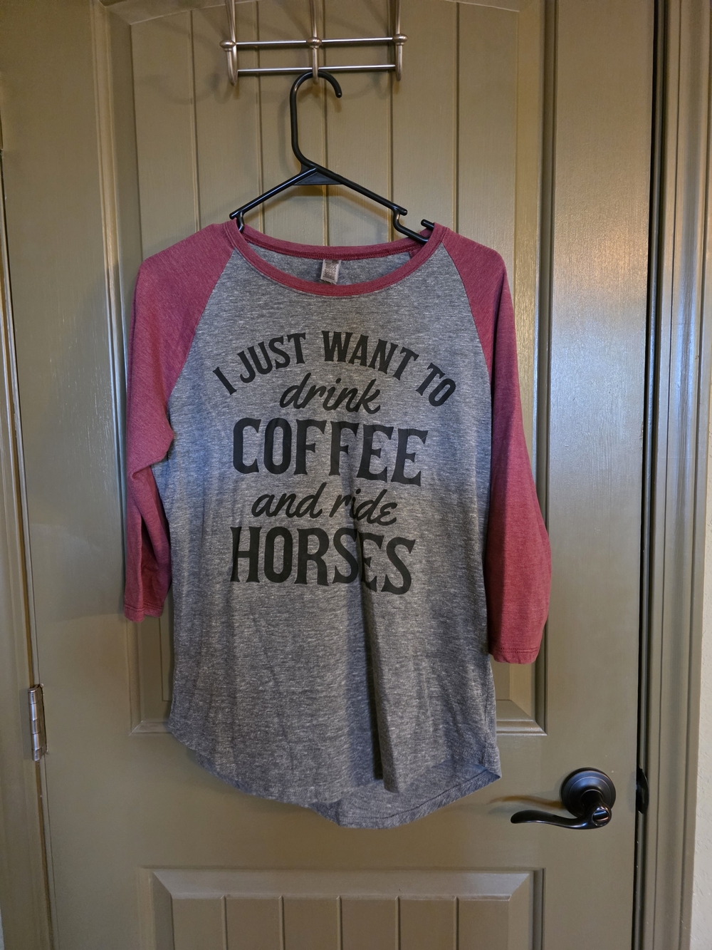 Gray & Dusty Rose Raglan Tee with 'Coffee and Horses' Graphic